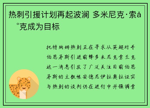 热刺引援计划再起波澜 多米尼克·索兰克成为目标